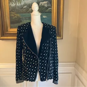 ZARA Black Velvet Quilted Look Studded Embellished Pearl Rhinestone Moto Jacket