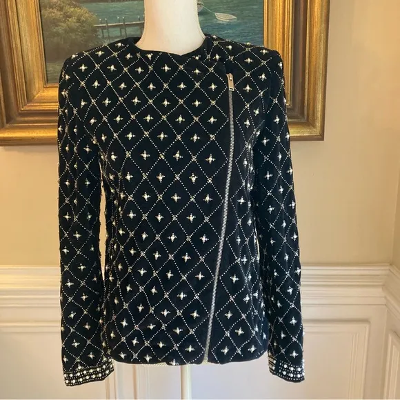 ZARA Black Velvet Quilted Look Studded Embellished Pearl Rhinestone Moto Jacket