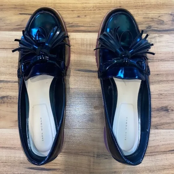 ZARA TASSELLED LOAFERS WITH CONTRAST PLATFORM SOLE Black womens size 8